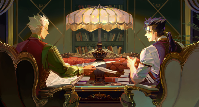 2boys archer armchair ashtray book book_stack bookshelf chair closed_eyes collared_shirt cu_chulainn_(fate)_(all) cup curtains dark_skin dark_skinned_male drinking_glass earrings fang fate/grand_order fate_(series) from_behind green_shirt hair_slicked_back holding holding_cup holding_newspaper indoors jewelry lamp lancer looking_at_another male_focus multiple_boys newspaper parted_lips ponytail purple_hair purple_vest reading red_eyes red_vest shirt sleeves_rolled_up smile spiky_hair table taro-k vest white_legwear white_shirt