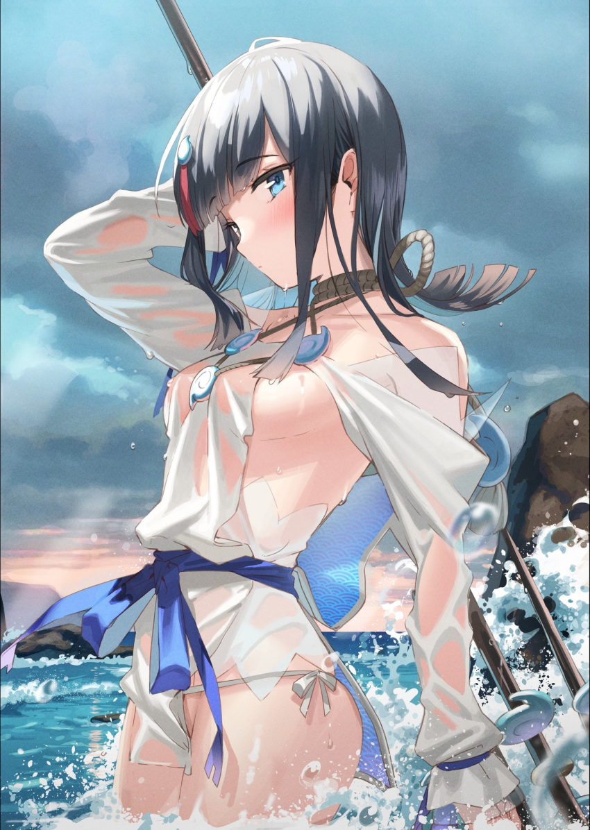 1girl bangs bare_shoulders black_hair blue_eyes blue_ribbon blush breasts closed_mouth clouds cloudy_sky collarbone dress fate/grand_order fate/requiem fate_(series) fundoshi highres japanese_clothes jewelry kanzarin_(hoochikiss) long_sleeves looking_at_viewer magatama magatama_hair_ornament medium_breasts medium_hair multicolored_hair necklace ocean pelvic_curtain pink_hair polearm puffy_long_sleeves puffy_sleeves ribbon short_dress sideboob sideless_outfit sky spear streaked_hair thighs utsumi_erise wading weapon wet wet_clothes white_dress