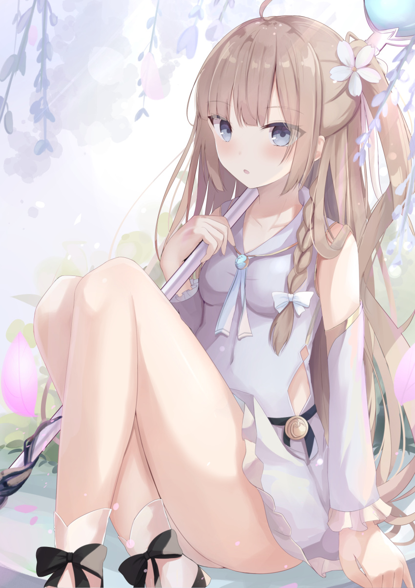 1girl absurdres bangs blonde_hair blue_eyes blush braid breasts detached_sleeves eyebrows_visible_through_hair flower hair_flower hair_ornament highres holding holding_staff long_hair looking_at_viewer original single_braid sitting small_breasts solo staff touhourh