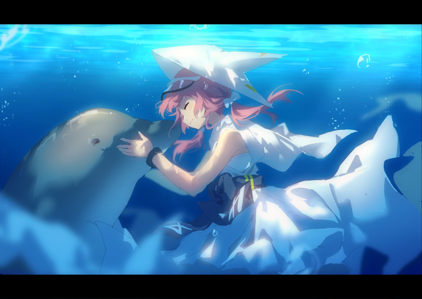 1girl arknights blush bubble chinese_commentary closed_eyes closed_mouth cowboy_shot dolphin dress from_side highres kagura_tohru letterboxed medium_hair pink_hair profile purestream_(arknights) sleeveless sleeveless_dress smile solo twintails underwater visor_cap white_dress white_headwear wristband