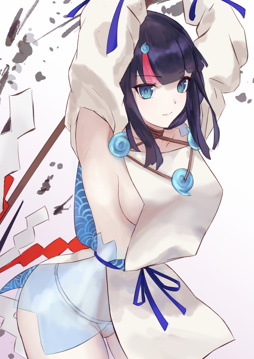 1girl absurdres armpits arms_behind_head arms_up bangs bare_shoulders black_hair blue_eyes blue_ribbon breasts closed_mouth collarbone dress fate/grand_order fate/requiem fate_(series) fundoshi fuwatoromonta highres japanese_clothes jewelry large_breasts long_sleeves looking_at_viewer magatama magatama_hair_ornament medium_hair multicolored_hair necklace pelvic_curtain pink_hair polearm puffy_long_sleeves puffy_sleeves ribbon short_dress sideboob sideless_outfit simple_background smile spear streaked_hair thighs utsumi_erise weapon white_background white_dress