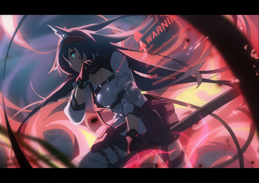 1girl action animal_ear_fluff animal_ears aqua_eyes arknights bag belt belt_pouch black_gloves black_skirt blaze_(arknights) blood blood_on_face blue_hair breasts cat_ears chainsaw chinese_commentary closed_mouth gloves hairband highres holding_chainsaw hologram injury kagura_tohru letterboxed long_hair medium_breasts miniskirt pouch satchel shirt sign skirt smile solo thigh-highs thigh_strap warning_sign white_legwear white_shirt wiping_chin