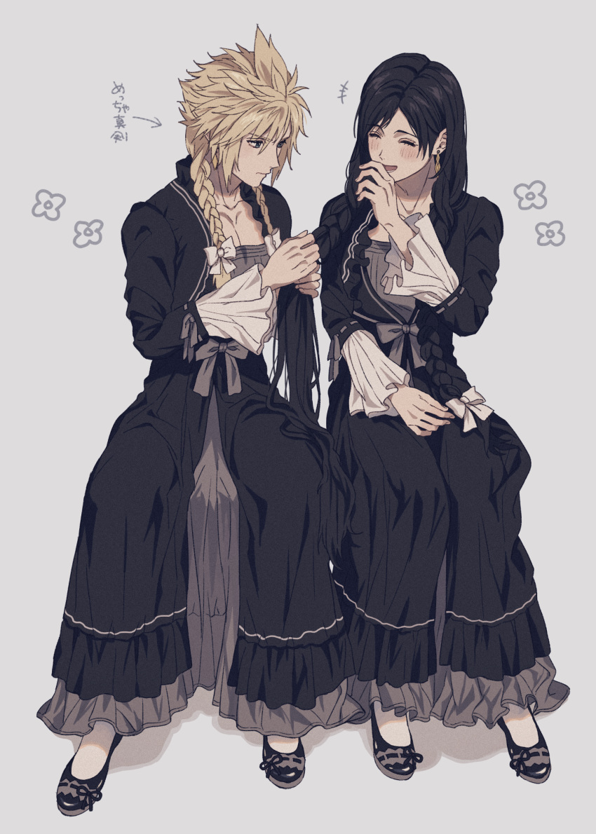 1boy 1girl black_dress black_hair blonde_hair blush bow braiding_hair cloud_strife collarbone crossdressinging dress final_fantasy final_fantasy_vii final_fantasy_vii_remake frilled_sleeves frills grey_background hair_bow hairdressing highres humiyooo looking_at_another open_mouth simple_background smile spiky_hair tifa_lockhart