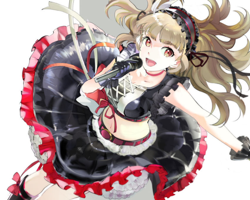 119 1girl :d bare_shoulders belt black_gloves blush brown_hair choker commentary_request crop_top eyebrows eyebrows_visible_through_hair frilled_skirt frills from_above gloves hairband idolmaster idolmaster_cinderella_girls kamiya_nao lolita_fashion lolita_hairband long_hair looking_at_viewer looking_up microphone midriff navel open_mouth red_eyes ribbon skirt smile solo