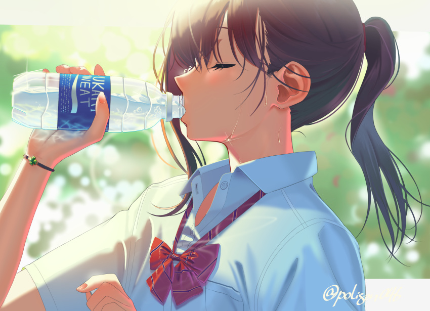 1girl asymmetrical_bangs bangs bottle bow bowtie bracelet brand_name_imitation brown_hair closed_eyes clover dress_shirt drinking highres jewelry loose_bowtie original pocari_sweat poligon_(046) ponytail shirt solo sweat twitter_username