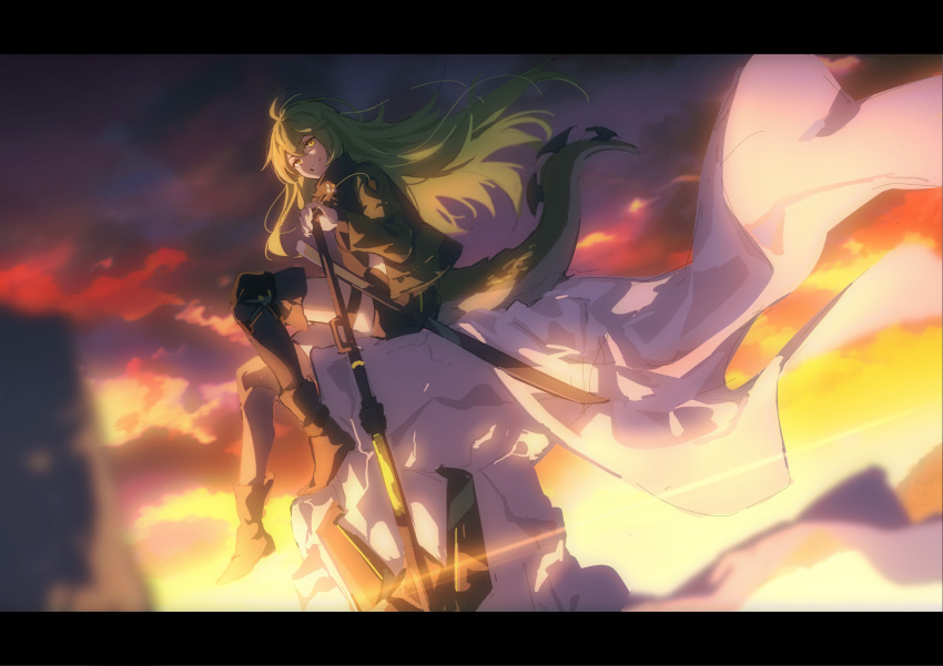 1girl alligator_tail arknights black_footwear black_legwear black_shorts boots chinese_commentary clouds cloudy_sky commentary dusk eyebrows_visible_through_hair full_body gavial_(arknights) green_hair green_jacket grin hair_between_eyes highres holding holding_staff jacket kagura_tohru letterboxed long_hair looking_at_viewer open_clothes open_jacket short_shorts shorts sitting sky smile solo staff sunlight sword tail thigh-highs thigh_strap thighs weapon wind yellow_eyes