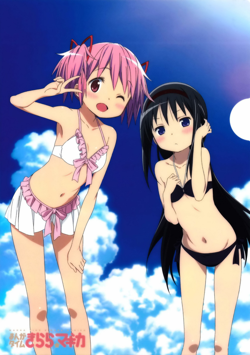2girls :&lt; ;d akemi_homura alternate_costume artist_request bare_arms bare_legs bare_shoulders bikini black_bikini blue_sky blush breasts clouds cloudy_sky copyright_name crotch_seam day dot_nose eyebrows_visible_through_hair feet_out_of_frame frilled_bikini frills frown hair_ribbon halterneck hand_in_hair hand_on_own_chest hand_on_own_leg hand_up highres kaname_madoka leaning leaning_forward legs_apart light_rays looking_at_viewer mahou_shoujo_madoka_magica multiple_girls navel official_art one_eye_closed open_mouth outdoors pink_eyes pink_hair pink_ribbon red_ribbon ribbon shiny shiny_skin short_twintails side-tie_bottom sky small_breasts smile standing stomach summer sunlight swimsuit twintails v v-shaped_eyebrows v_over_eye white_bikini