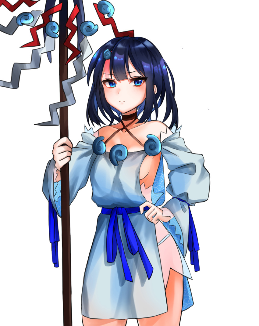 1girl artist_request bangs bare_shoulders black_hair blue_eyes blue_ribbon breasts closed_mouth collarbone dress fate/grand_order fate/requiem fate_(series) frown fundoshi hand_on_hip highres japanese_clothes jewelry long_sleeves looking_at_viewer magatama magatama_hair_ornament medium_breasts medium_hair multicolored_hair necklace pelvic_curtain pink_hair polearm puffy_long_sleeves puffy_sleeves ribbon short_dress sideboob sideless_outfit simple_background spear streaked_hair thighs utsumi_erise weapon white_background white_dress
