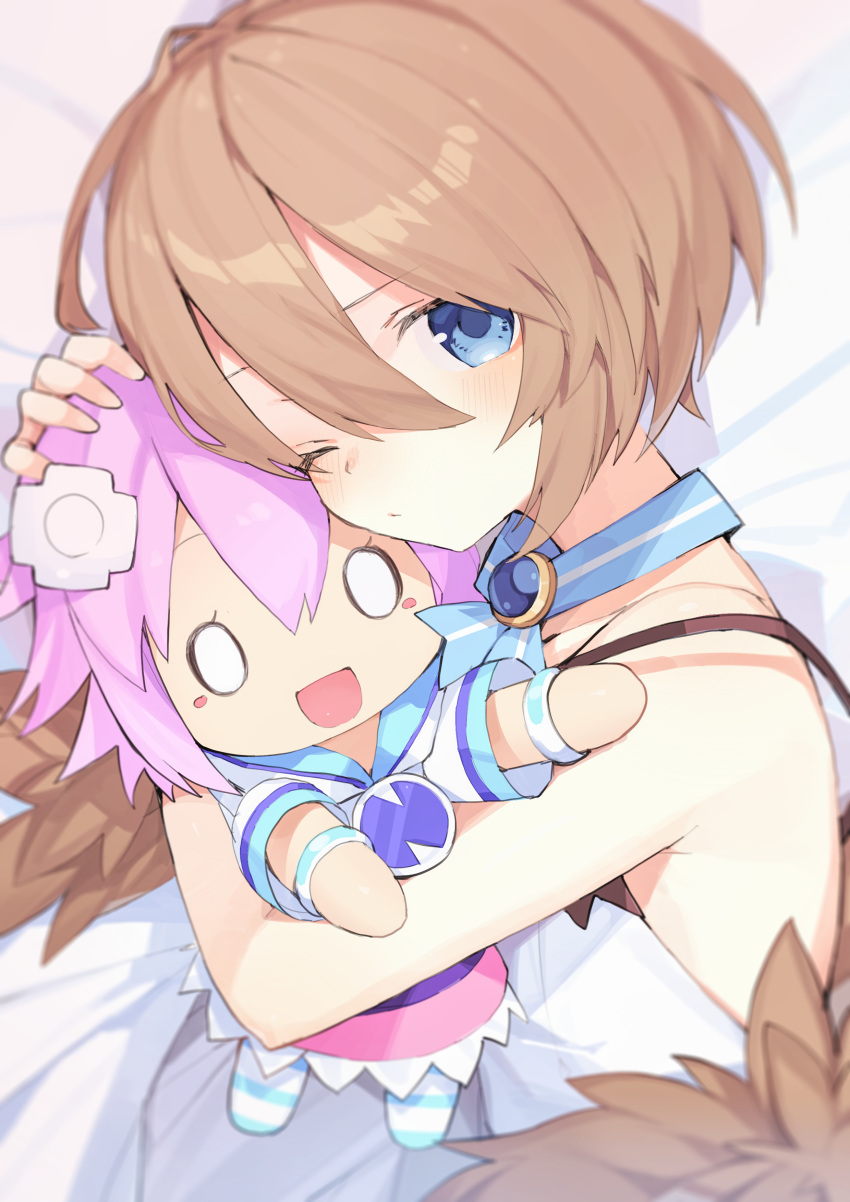 1girl absurdres bare_shoulders blanc blancpig_yryr blue_eyes blush blush_stickers brown_hair character_doll coat commentary_request d-pad d-pad_hair_ornament doll_hug dress from_side fur-trimmed_coat fur_trim hair_between_eyes hair_ornament highres looking_at_viewer lying neptune_(neptune_series) neptune_(series) on_side one_eye_closed purple_hair short_hair solo spaghetti_strap upper_body white_dress