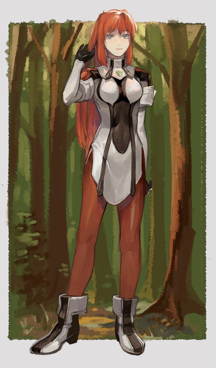 1girl absurdres black_gloves blue_eyes breasts brown_hair brown_legwear elhaym_van_houten gloves hand_up highres long_hair looking_at_viewer machibari2 medium_breasts outdoors pantyhose solo standing very_long_hair xenogears