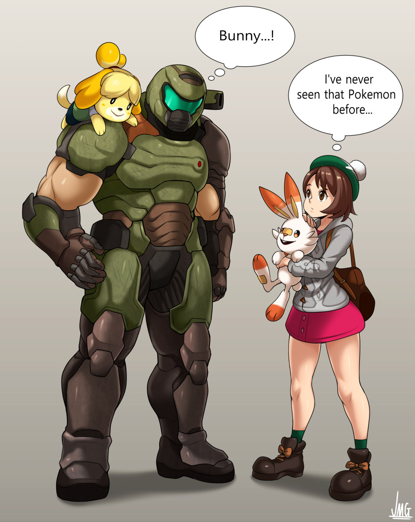 1boy 1other 2girls absurdres animal_on_shoulder bag brown_eyes brown_hair commentary crossover doom_(2016) doom_(game) doom_eternal doomguy doubutsu_no_mori dress english_commentary english_text furry gen_8_pokemon green_headwear grey_cardigan helmet highres holding holding_pokemon jmg multiple_crossover multiple_girls muscle pink_dress pokemon pokemon_(creature) pokemon_(game) pokemon_swsh power_armor praetor_suit scorbunny shizue_(doubutsu_no_mori) shoulder_cannon space_marine starter_pokemon tam_o'_shanter thought_bubble yuuri_(pokemon)