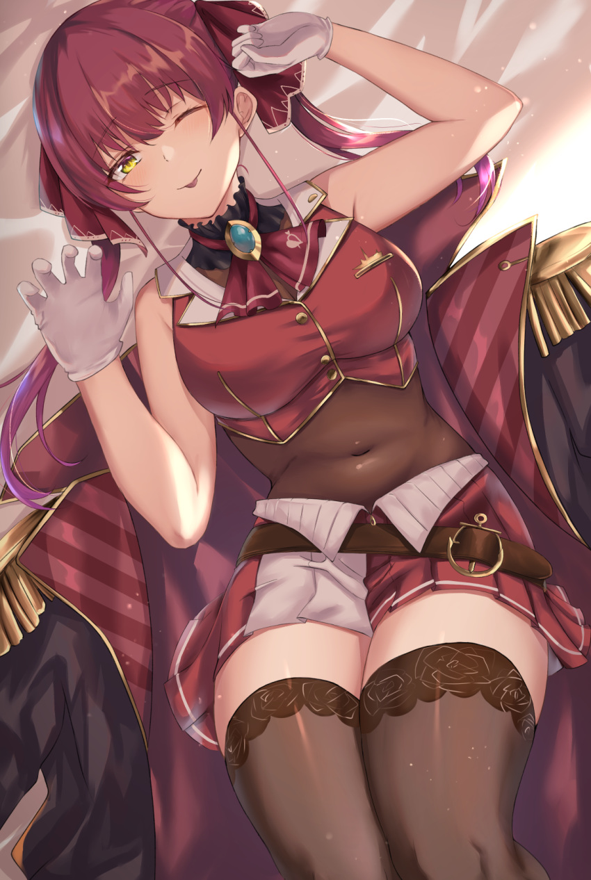 1girl ascot bangs belt black_coat blush breasts brooch brown_legwear coat covered_navel crop_top epaulettes hair_between_eyes highres hololive houshou_marine jacket jewelry large_breasts long_hair looking_at_viewer lying on_back one_eye_closed open_clothes open_coat red_neckwear red_skirt redhead skirt sleeveless smile solo thigh-highs tongue tongue_out twintails virtual_youtuber yami_kyon_oov yellow_eyes