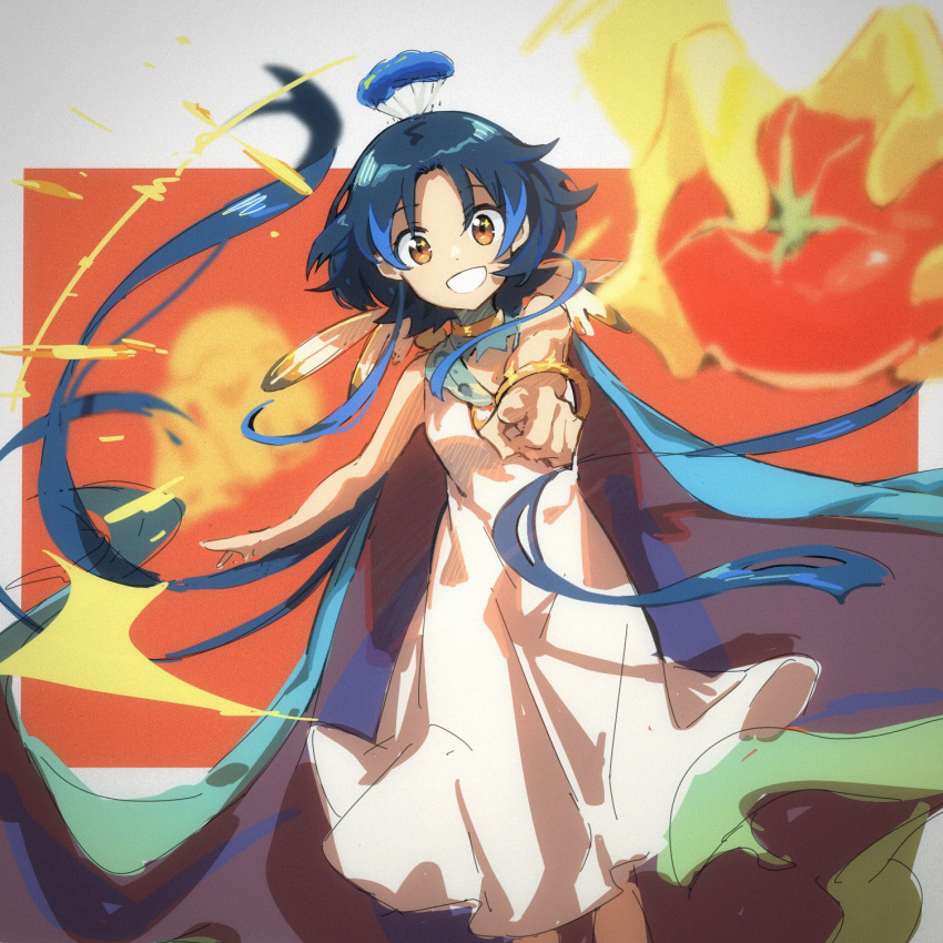 1girl arknights bangle bangs blue_cape blue_hair bracelet breasts cape commentary conviction_(arknights) cowboy_shot disembodied_limb dress feathers grin hair_ornament highres jewelry kagura_tohru looking_at_viewer orange_eyes parted_bangs pointing pointing_at_viewer short_hair_with_long_locks sleeveless sleeveless_dress small_breasts smile solo symbol_commentary tomato white_dress