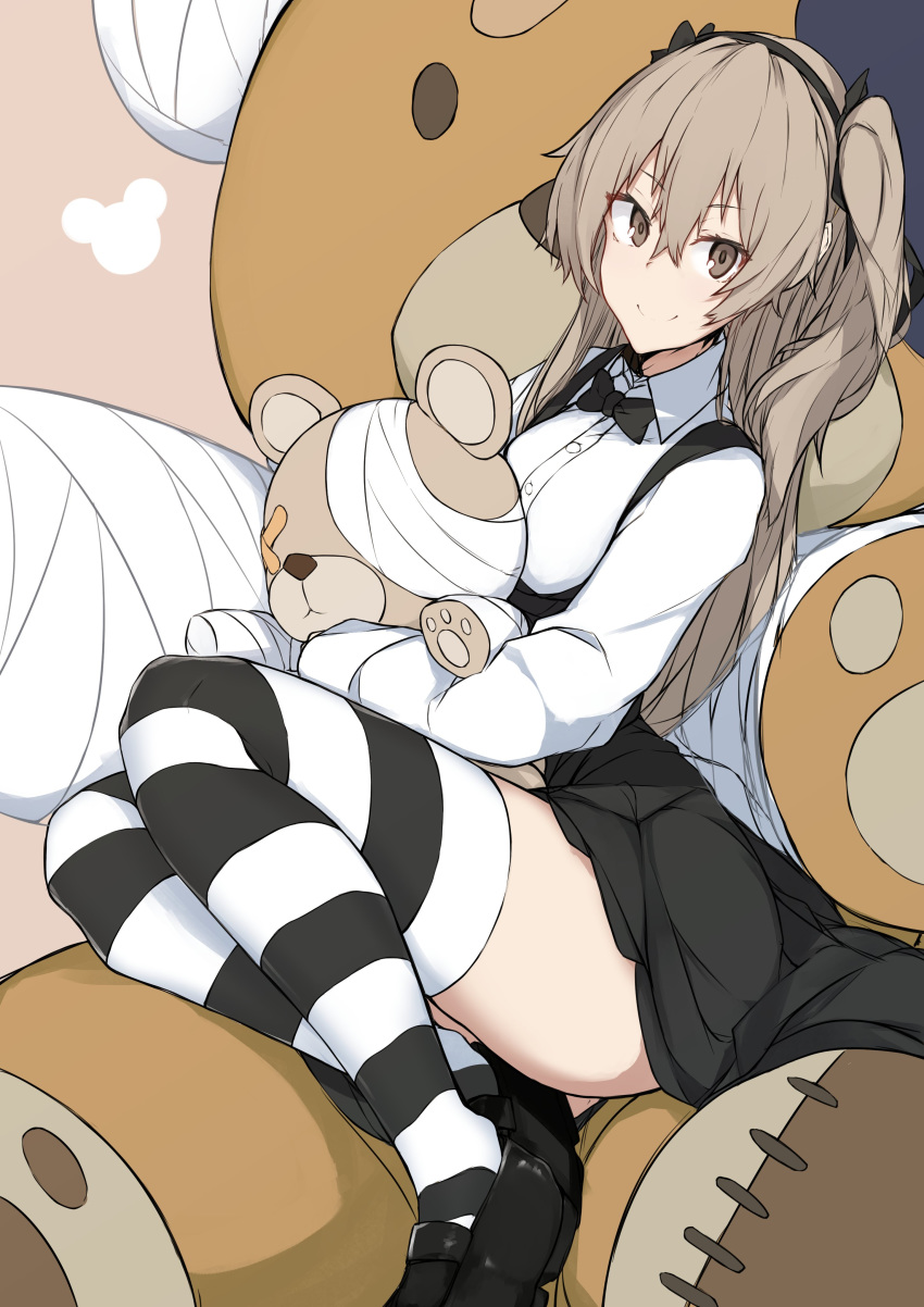 1girl absurdres animal_print bandages bangs bear_print black_footwear black_legwear black_neckwear black_ribbon black_skirt boko_(girls_und_panzer) bow bowtie brown_eyes casual closed_mouth collared_shirt commentary girls_und_panzer hair_ribbon high-waist_skirt highres holding holding_stuffed_animal legs light_brown_hair long_hair long_sleeves looking_at_viewer mary_janes miniskirt nanakaku one_side_up oversized_object ribbon shimada_arisu shirt shoes sitting skirt smile solo striped striped_legwear stuffed_animal stuffed_toy suspender_skirt suspenders teddy_bear thigh-highs white_shirt