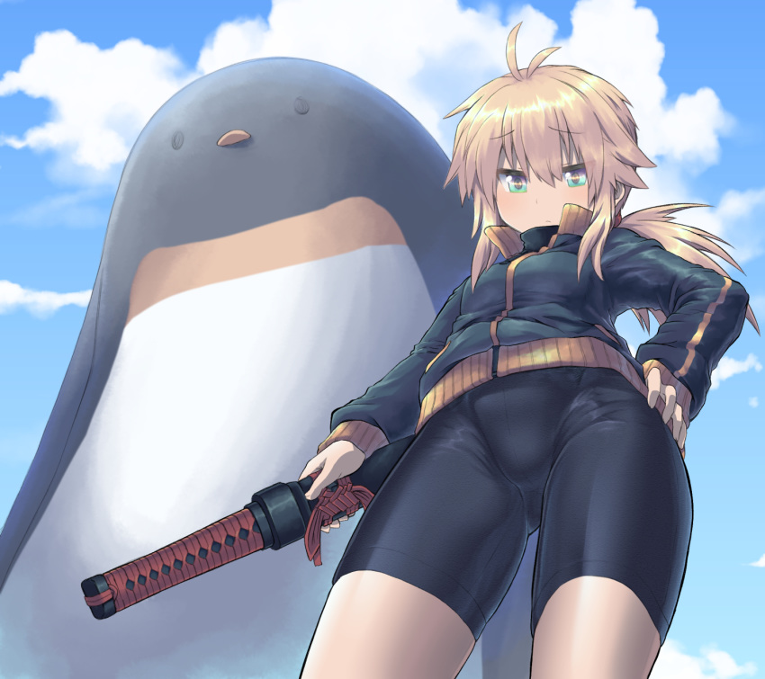 ahoge bike_shorts bird blonde_hair giant hand_on_hip highres hijikata-san_(m.m) koshirae_tsurugi m.m multicolored multicolored_eyes original penguin ponytail sky sword wakizashi weapon