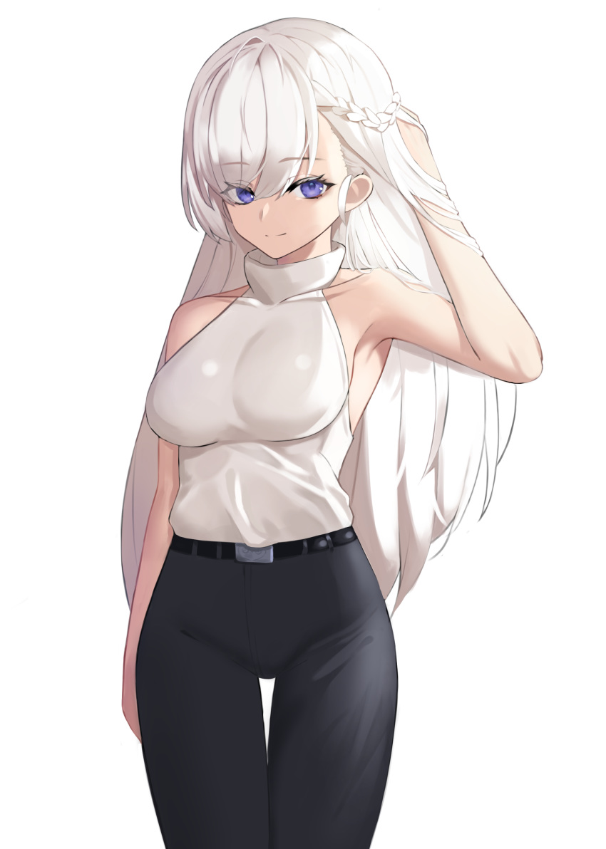 1girl absurdres armpits azur_lane bare_shoulders belfast_(azur_lane) belt black_pants blue_eyes braid breasts french_braid hand_in_hair highres long_hair looking_at_viewer lordol medium_breasts pants shirt sleeveless sleeveless_shirt smile solo white_background white_hair white_shirt