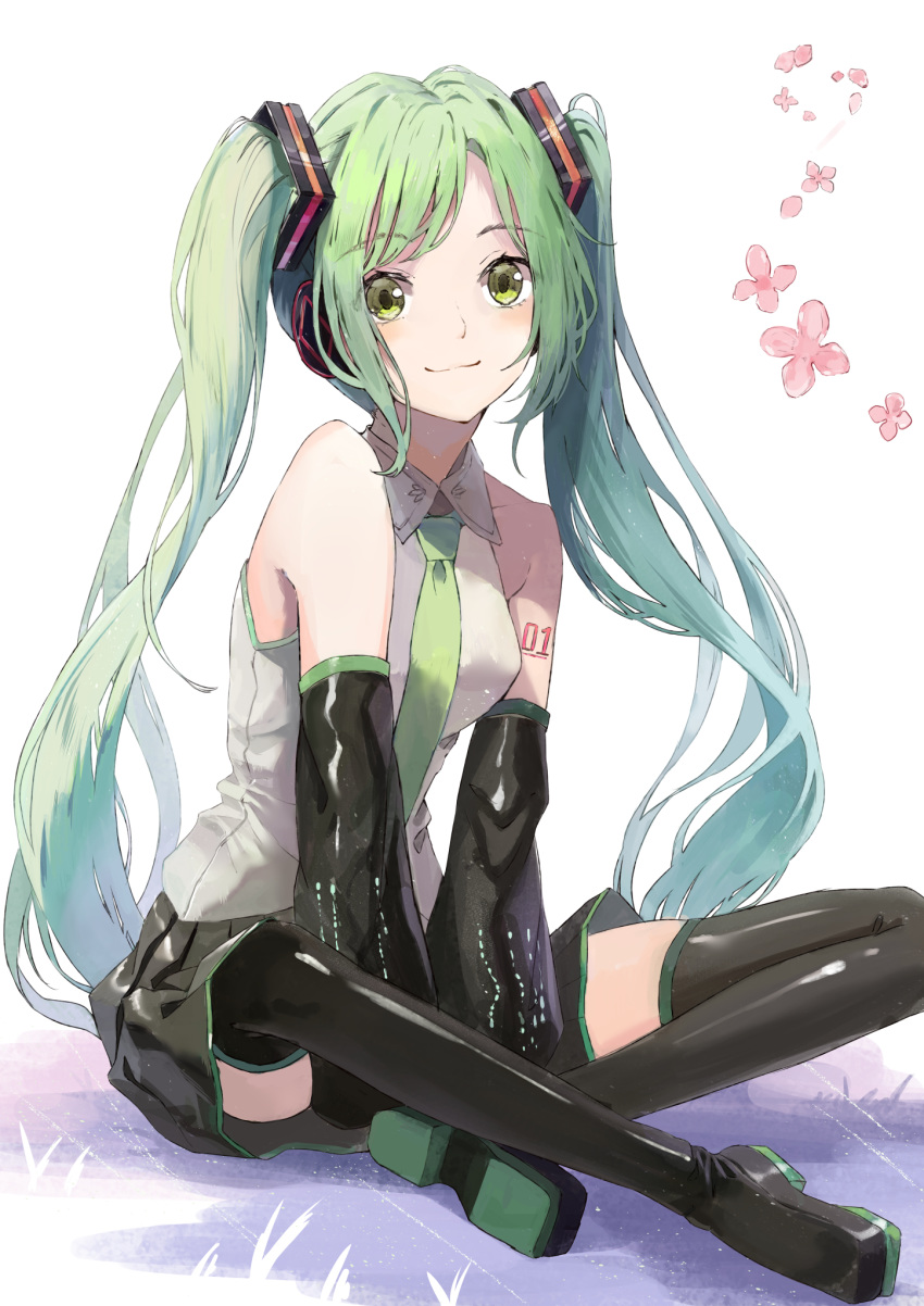 1girl :3 bare_shoulders between_legs black_legwear black_skirt black_sleeves boots commentary crossed_legs detached_sleeves flower green_eyes green_hair green_neckwear grey_shirt hair_ornament hand_between_legs hatsune_miku headphones highres light_blush long_hair looking_at_viewer necktie shi-ro shiny shiny_clothes shirt shoulder_tattoo sitting skirt sleeveless sleeveless_shirt smile solo tattoo thigh-highs thigh_boots twintails very_long_hair vocaloid white_background zettai_ryouiki