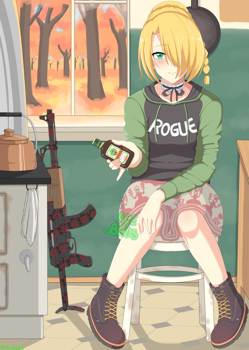 1girl absurdres aceofbros black_footwear black_hoodie blonde_hair blush boots choker closed_mouth collarbone commission eyebrows_visible_through_hair green_eyes green_hoodie gun hair_over_one_eye highres indoors jaegermeister kettle long_sleeves looking_at_viewer multicolored_hoodie original short_hair sitting smile solo stove weapon