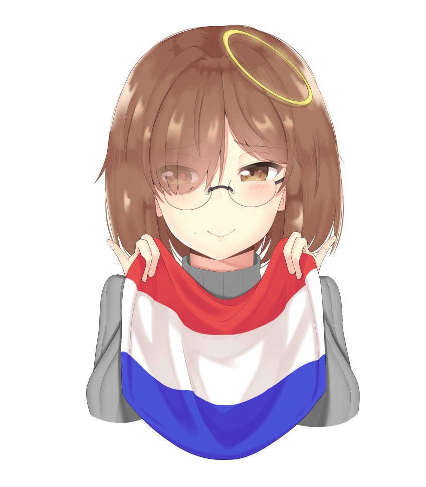 1girl :&gt; absurdres aceofbros blush brown_eyes brown_hair closed_mouth dutch_flag eyebrows_visible_through_hair eyes_visible_through_hair flag gloves grey_sweater hair_over_one_eye highres holding holding_flag long_sleeves looking_at_viewer mole mole_under_mouth original ribbed_sweater round_eyewear short_hair smile solo sweater turtleneck turtleneck_sweater upper_body