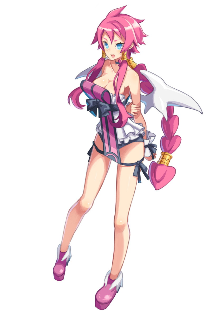 1girl angel_wings arms_behind_back bare_legs bare_shoulders blue_eyes braid breasts choker disgaea full_body hair_tubes highres long_hair makai_senki_disgaea_4 medium_breasts open_mouth pink_hair sidelocks simple_background single_braid skirt smile solo soratobu_mame. tabard vulcanus_(disgaea_4) white_background wings