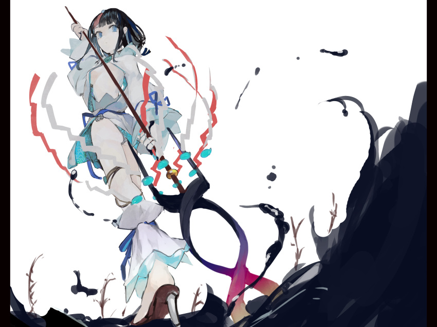 1girl ass bangs bare_shoulders black_hair blue_eyes blue_ribbon breasts closed_mouth dress fate/grand_order fate/requiem fate_(series) fundoshi highres japanese_clothes jewelry large_breasts legs long_sleeves looking_at_viewer looking_back magatama magatama_hair_ornament medium_hair multicolored_hair necklace pelvic_curtain pink_hair polearm puffy_long_sleeves puffy_sleeves ribbon sandals short_dress sideboob sideless_outfit simple_background spear standing standing_on_liquid streaked_hair utsumi_erise water weapon white_background white_dress yorurokujuu