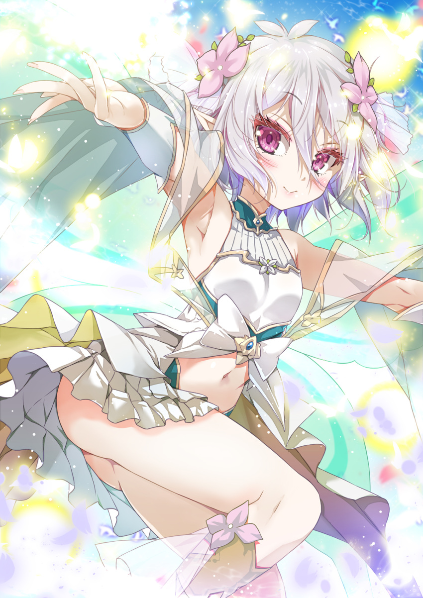 1girl armpits bangs bare_shoulders boots breasts collared_dress commentary_request eyebrows_visible_through_hair flower hair_between_eyes hair_flower hair_ornament highres kokkoro_(princess_connect!) leg_up light_particles looking_at_viewer navel outstretched_arms pink_flower porurin princess_connect! princess_connect!_re:dive princess_form_(princess_connect!) red_eyes short_hair sidelocks silver_hair small_breasts solo