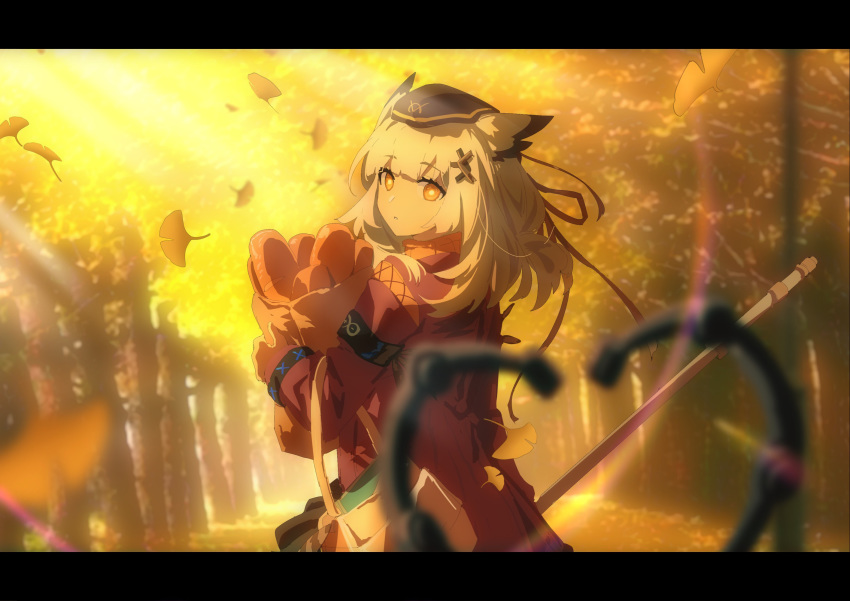 1girl arknights armband autumn_leaves back bag baguette black_headwear blurry bread chinese_commentary coat cowboy_shot day depth_of_field eyebrows_visible_through_hair food from_behind hair_ornament hair_ribbon handbag hat highres holding holding_bag holding_staff kagura_tohru leaf letterboxed looking_at_viewer looking_back medium_hair orange_eyes outdoors owl_ears paper_bag ptilopsis_(arknights) red_coat rhine_lab_logo ribbon solo staff sunlight tree white_hair wind