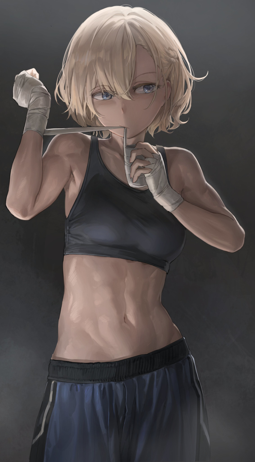 1girl abs absurdres bandaged_hands bandages bare_arms bare_shoulders black_shirt black_shorts blonde_hair blue_eyes boxers breasts cowboy_shot crop_top highres looking_away medium_breasts midriff mouth_pull muscle navel original shirt short_hair shorts sleeveless sleeveless_shirt solo sports_bra stomach underwear yohan1754