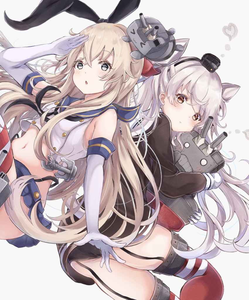 2girls alternate_eye_color amatsukaze_(kantai_collection) ass blonde_hair breasts crop_top dress grey_eyes highres kantai_collection miniskirt multiple_girls orange_eyes sa-ya2 sailor_dress shimakaze_(kantai_collection) skirt small_breasts thighs white_hair