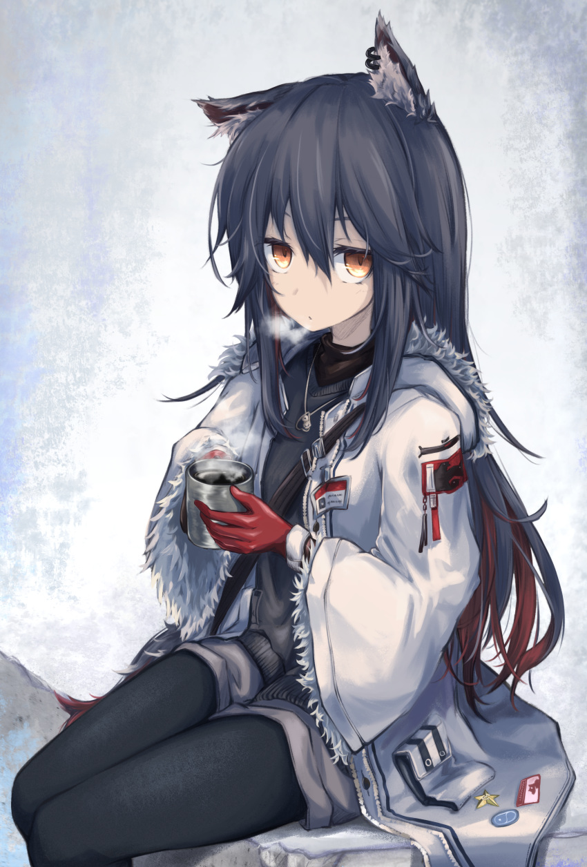 1girl absurdres animal_ears arknights black_hair black_legwear breath coffee coffee_mug cup expressionless fur-trimmed_jacket fur_trim gloves highres hood hooded_jacket huge_filesize jacket lit_ter long_hair mug orange_eyes pantyhose red_gloves shorts sitting steam texas_(arknights) wide_sleeves wolf_ears