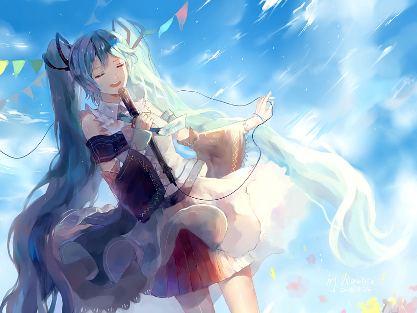 1girl armband bare_shoulders black_skirt black_sleeves blue_sky cable chinese_commentary closed_eyes clouds commentary_request cowboy_shot detached_sleeves dutch_angle flower frilled_skirt frills hair_ornament hatsune_miku holding holding_cable holding_microphone long_hair microphone music open_mouth outstretched_arm petals pleated_skirt sa_(roddorrod) shirt sidelighting singing skirt sky sleeveless sleeveless_shirt solo string_of_flags twintails very_long_hair vocaloid white_shirt wide_sleeves