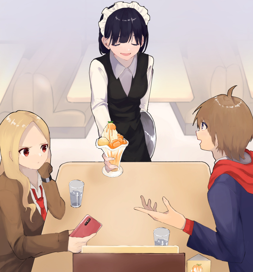 1boy 2girls :d absurdres aragaki_(kagechan1234) black_hair blonde_hair brown_hair cellphone closed_eyes glass gyaru highres holding holding_tray hood hood_down indoors long_sleeves looking_at_another multiple_girls necktie open_mouth original parfait phone red_eyes red_neckwear restaurant sitting smartphone smile table tray waitress