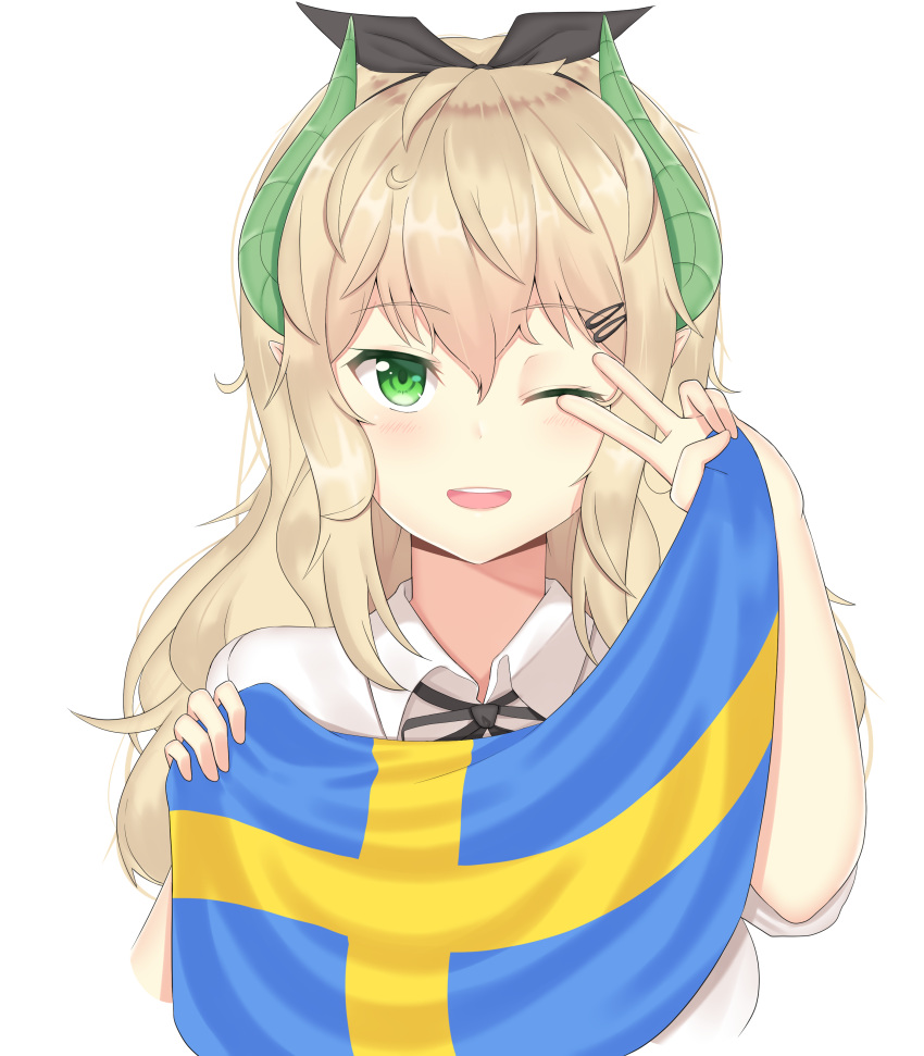 1girl absurdres aceofbros blush brown_hair collared_shirt eyebrows_visible_through_hair flag green_eyes highres holding holding_flag horns long_hair looking_at_viewer messy_hair one_eye_closed original parted_lips shirt short_sleeves smile solo swedish_flag upper_body upper_teeth v_over_eye wavy_hair white_shirt