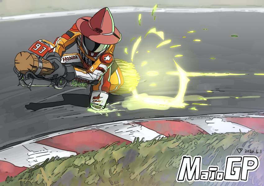 broom broom_riding commentary dated glowing grass grinding hat helmet holding holding_broom honda motorcycle_helmet original racetrack racing racing_suit shoei triangle_bullet witch_hat