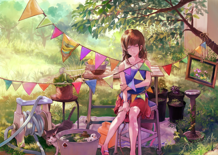 1girl bracelet bucket cabbage_kizamiyarou cat chair closed_eyes day facing_viewer food fruit grass highres hose jewelry long_hair orange original outdoors picture_frame pink_footwear plant potted_plant red_skirt rubber_duck sitting skirt string_of_flags table tree