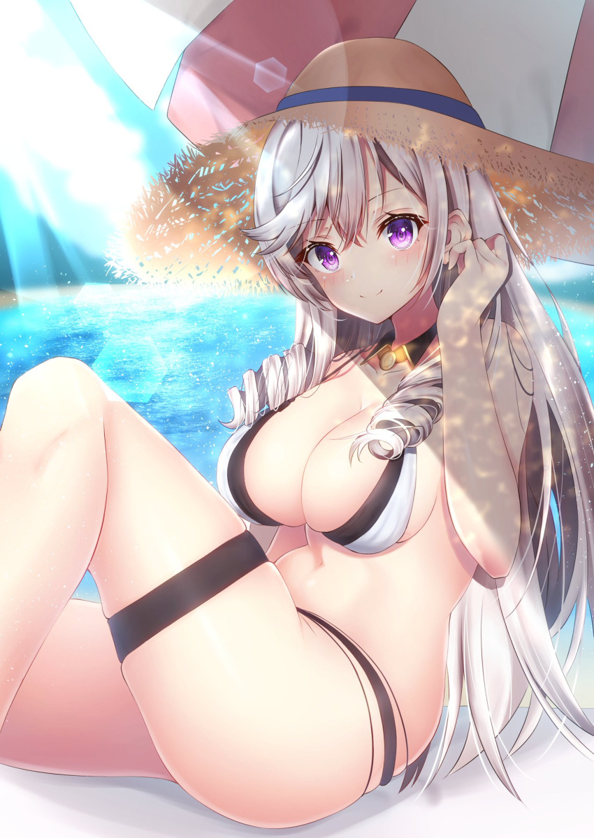 1girl algerie_(azur_lane) algerie_(white_sand_angel)_(azur_lane) ayakura_maki azur_lane bikini breasts brown_bikini drill_hair flower hat hat_flower highres large_breasts long_hair looking_at_viewer multi-strapped_bikini multiple_straps shadow solo straw_hat summer swimsuit twin_drills two-tone_bikini violet_eyes water white_bikini white_hair