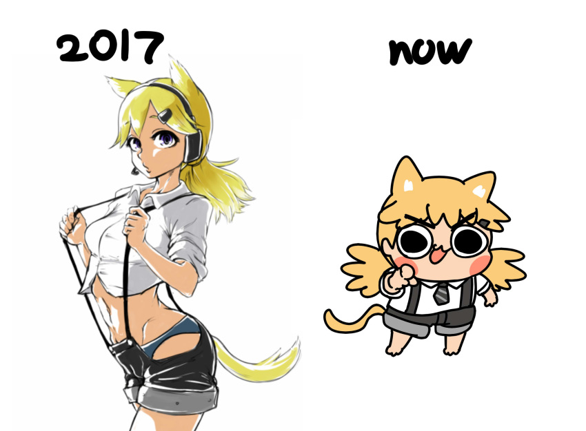 1girl 2017 afei_(sfma3248) animal_ears artist_progress bangs barefoot black_eyes black_neckwear black_shorts blonde_hair blue_panties breasts cat_ears chibi chinese_commentary collared_shirt commentary_request cowboy_shot from_side full_body girls_frontline hair_ornament hairclip headphones headset highres hip_vent idw_(girls_frontline) long_hair looking_at_viewer multiple_views navel necktie panties pointing pointing_at_viewer ponytail pulling shirt short_sleeves shorts small_breasts suspenders swept_bangs tail twintails underwear v-shaped_eyebrows white_shirt