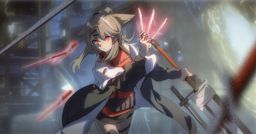 1girl animal_ears arknights black_jacket black_skirt blonde_hair chinese_commentary closed_mouth cowboy_shot cutter_(arknights) expressionless eyebrows_visible_through_hair floating floating_object fox_ears glowing glowing_weapon hair_between_eyes hair_ornament hairclip highres holding holding_knife holding_sword holding_weapon jacket kagura_tohru knife knives_between_fingers long_sleeves medium_hair miniskirt off_shoulder open_clothes open_jacket orange_eyes red_shirt shirt skirt sleeveless sleeveless_shirt solo sword thigh_strap thighs topknot weapon x_hair_ornament