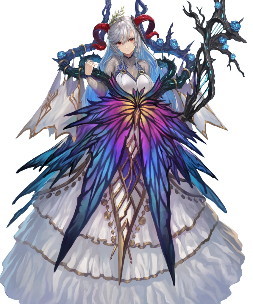 1girl bangs bare_shoulders blue_flower blue_hair blue_rose breasts closed_mouth covered_collarbone dress fire_emblem fire_emblem_heroes flower freyja_(fire_emblem_heroes) full_body hair_ornament highres holding horns layered_dress layered_skirt long_hair long_sleeves looking_at_viewer medium_breasts multicolored_hair official_art red_eyes rose silver_hair skirt smile solo staff standing thorns transparent_background turtleneck yoshiku_(oden-usagi)