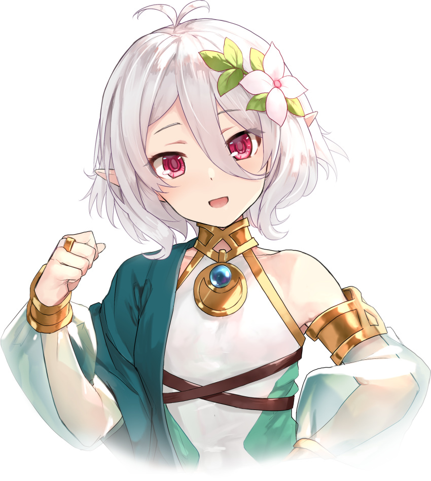 1girl :d absurdres antenna_hair asymmetrical_clothes bangs blush bridal_gauntlets clenched_hand collarbone cropped_torso elf eyebrows_visible_through_hair flower hair_between_eyes hair_flower hair_ornament head_tilt highres kokkoro_(princess_connect!) leaf looking_at_viewer open_mouth pointy_ears princess_connect! princess_connect!_re:dive red_eyes see-through short_hair silver_hair simple_background single_bare_shoulder smile solo two-tone_dress upper_body weiyinji_xsk white_background white_flower