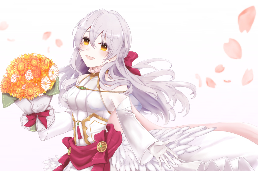 1girl 504723f :d bangle bare_shoulders bouquet bracelet detached_sleeves dress feathered_wings fire_emblem fire_emblem:_radiant_dawn fire_emblem_heroes flower gloves hair_ribbon half_updo highres holding holding_bouquet jewelry long_hair long_sleeves micaiah_(fire_emblem) open_mouth petals red_ribbon ribbon silver_hair simple_background smile solo turtleneck_dress veil wedding_dress white_background white_dress white_gloves wings yellow_eyes