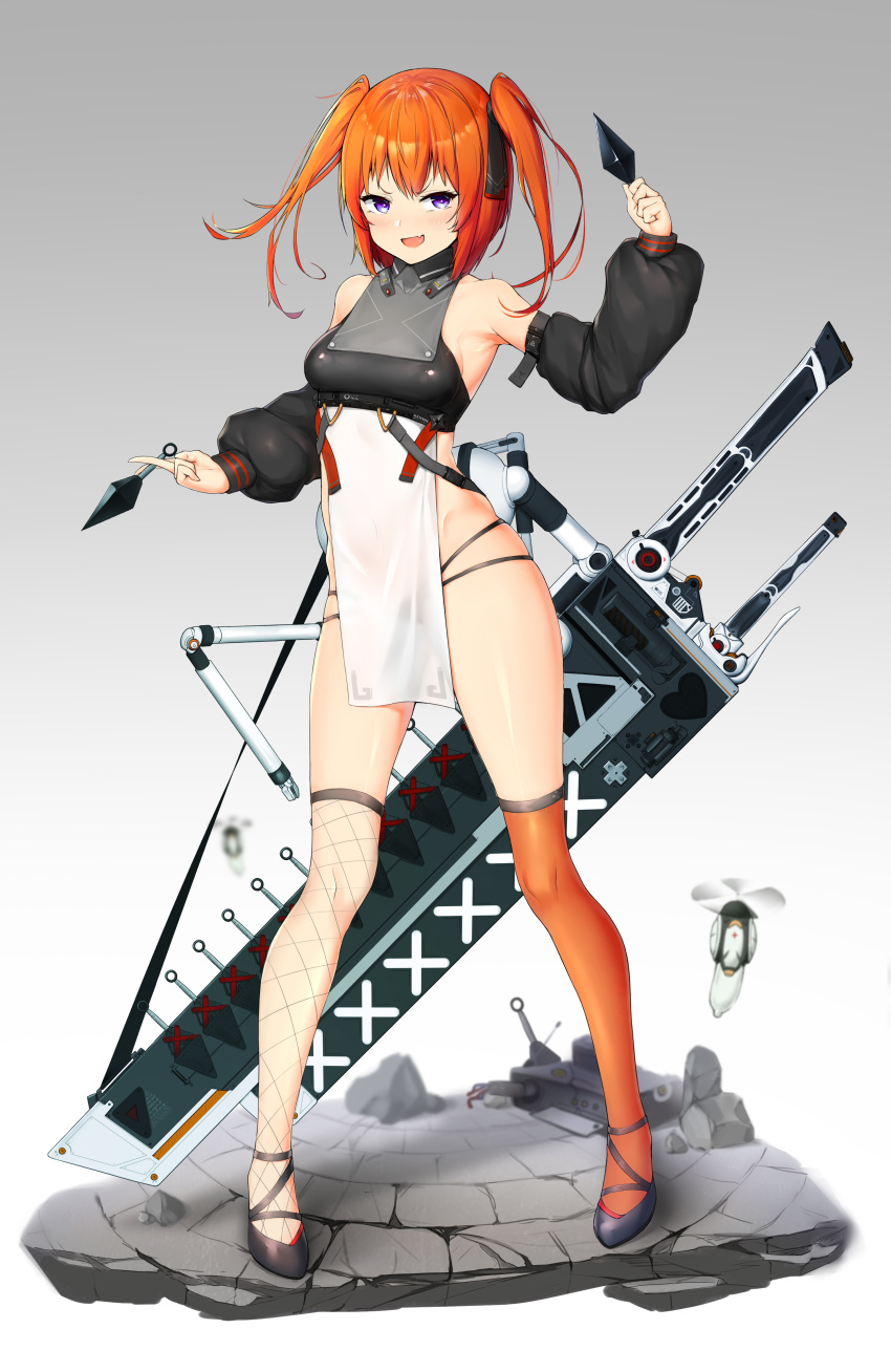 1girl absurdres bangs bare_shoulders blue_eyes blush breasts commentary_request detached_sleeves fishnet_legwear fishnets full_body grey_background highres holding holding_weapon long_sleeves medium_breasts medium_hair mismatched_legwear orange_hair orange_legwear original renroujiang simple_background smile solo thigh-highs twintails weapon