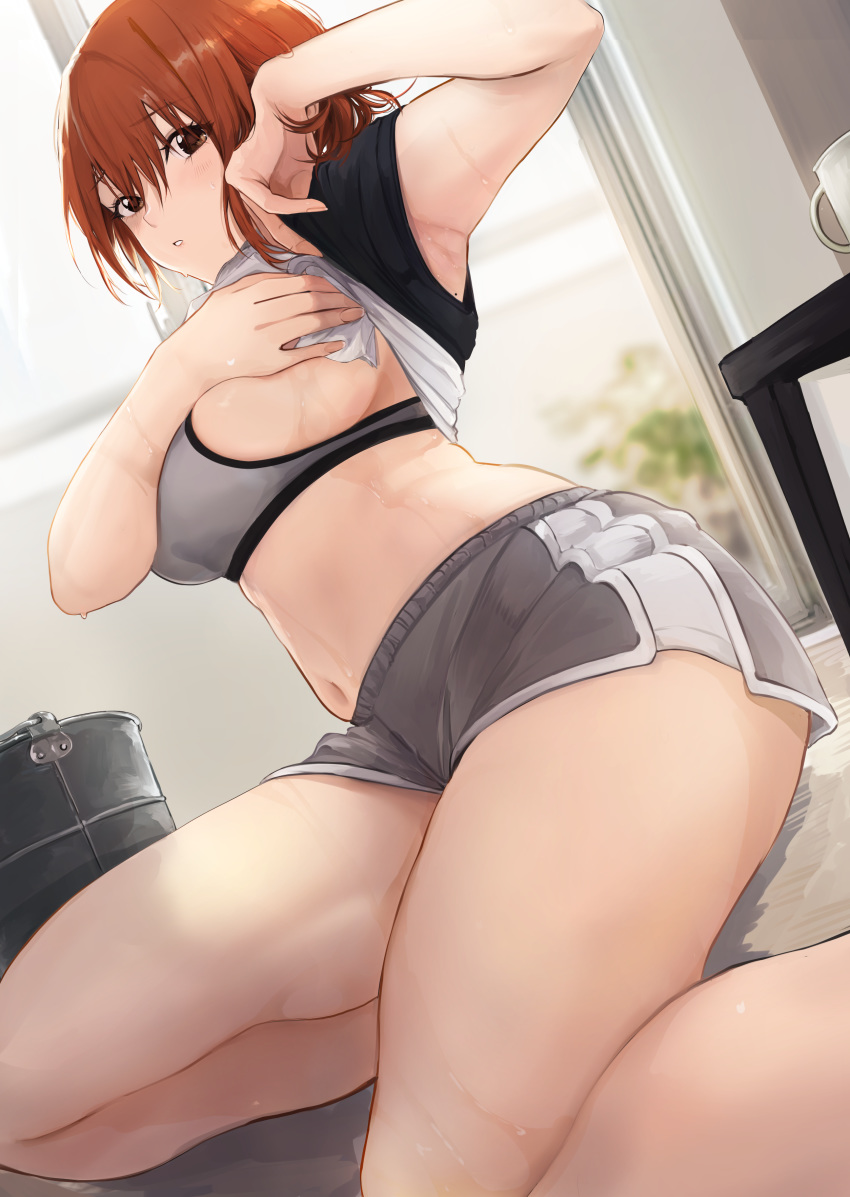 1girl absurdres akito_(d30n26) bangs bare_legs black_shirt breasts brown_eyes brown_hair commentary_request cup eyebrows_visible_through_hair grey_shorts hands_up highres indoors large_breasts lifted_by_self mole mole_on_armpits mug navel on_floor original parted_lips shirt shirt_lift short_hair short_shorts short_sleeves shorts sideboob sitting solo sports_bra table thighs window wiping_sweat