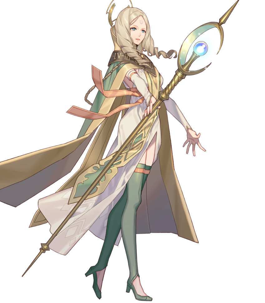 1girl bangs blonde_hair boots cape dress emmeryn_(fire_emblem) fire_emblem fire_emblem_awakening fire_emblem_heroes full_body green_footwear highres holding long_dress long_hair official_art parted_bangs solo staff thigh-highs thigh_boots transparent_background