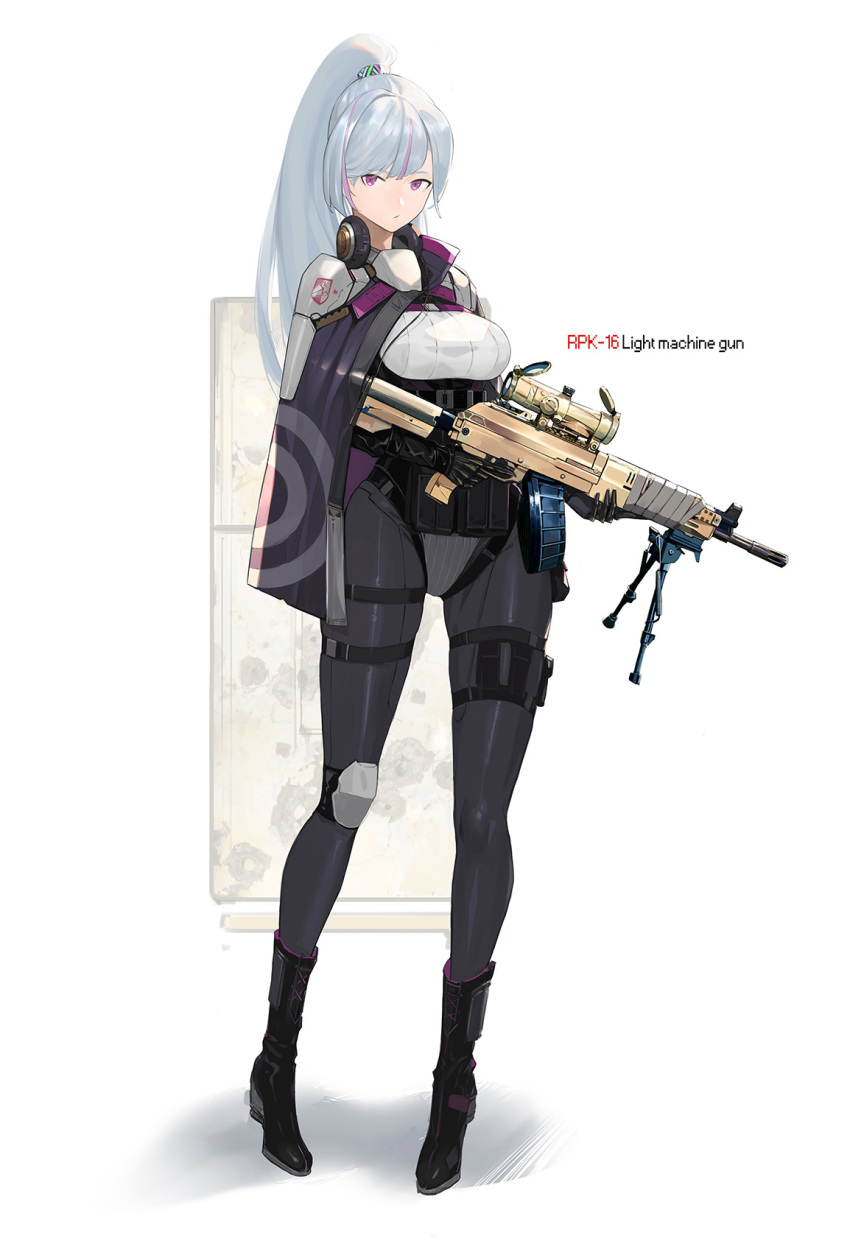 1girl bamuth black_footwear boots breasts closed_mouth expressionless eyebrows_visible_through_hair full_body grey_hair gun highlights highres holding holding_gun holding_weapon looking_at_viewer medium_breasts multicolored_hair original ponytail purple_hair solo two-tone_hair violet_eyes weapon