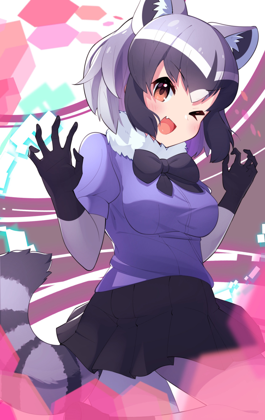 1girl ;d absurdres animal_ear_fluff animal_ears bangs black_gloves black_hair black_neckwear black_skirt blue_shirt bow bowtie brown_eyes claw_pose commentary common_raccoon_(kemono_friends) fang fur_collar gloves grey_hair grey_legwear highres kemono_friends looking_at_viewer miniskirt multicolored_hair one_eye_closed open_mouth pantyhose raccoon_ears raccoon_tail shirt short_hair short_sleeves skirt smile solo standing striped_tail tail takosuke0624
