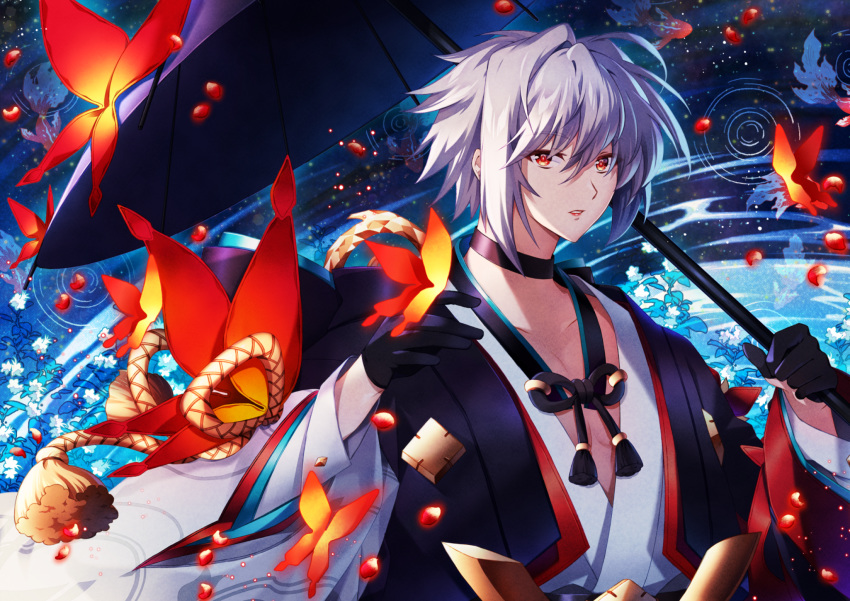 1boy black_gloves code:_dragon_blood fish flower gloves hago highres holding holding_umbrella japanese_clothes koi red_butterfly red_eyes ripples silver_hair solo standing umbrella upper_body wide_sleeves