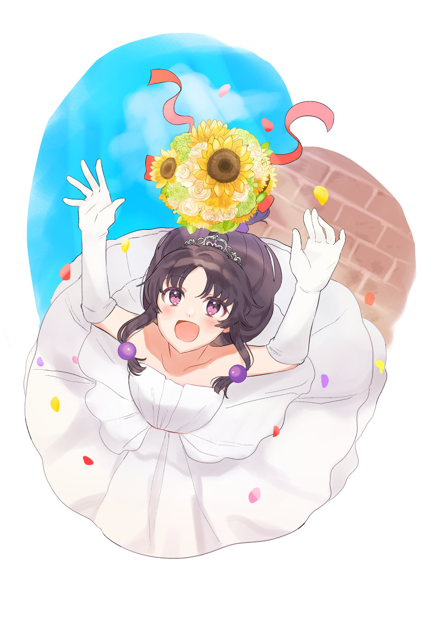 1girl :d absurdres ayasato_mayoi bare_shoulders blush bride confetti day dress elbow_gloves flower from_above gloves gyakuten_saiban highres long_hair looking_at_viewer looking_up open_mouth outdoors red_ribbon ribbon rin_(yukameiko) smile solo standing tiara violet_eyes white_dress white_gloves