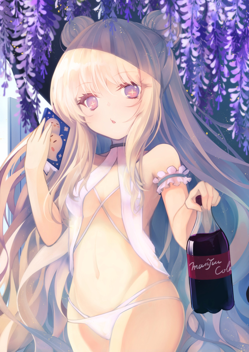 +_+ 1girl absurdres arm_garter azur_lane bangs bare_arms bare_shoulders blonde_hair bottle breasts cola commentary_request cowboy_shot double_bun eyebrows_visible_through_hair flower groin hand_up highres holding holding_bottle le_malin_(azur_lane) le_malin_(wednesday's_retreat)_(azur_lane) long_hair looking_at_viewer manjuu_(azur_lane) multi-strapped_panties navel otogi_kyouka panties parted_lips purple_flower small_breasts soda_bottle solo standing underwear very_long_hair violet_eyes white_panties wisteria