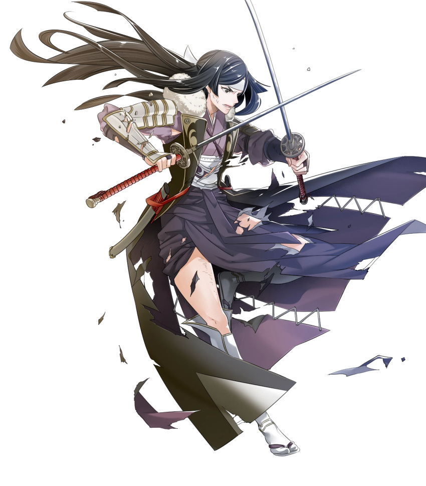 1girl arm_guards armor bangs black_eyes black_hair broken_armor dual_wielding fire_emblem fire_emblem_awakening fire_emblem_heroes full_body headband highres holding holding_sword holding_weapon japanese_clothes katana leg_up long_hair long_sleeves obi official_art open_mouth sash say'ri_(fire_emblem) shiny shiny_hair shoulder_armor solo sword torn_clothes transparent_background weapon yura_(ub4u)